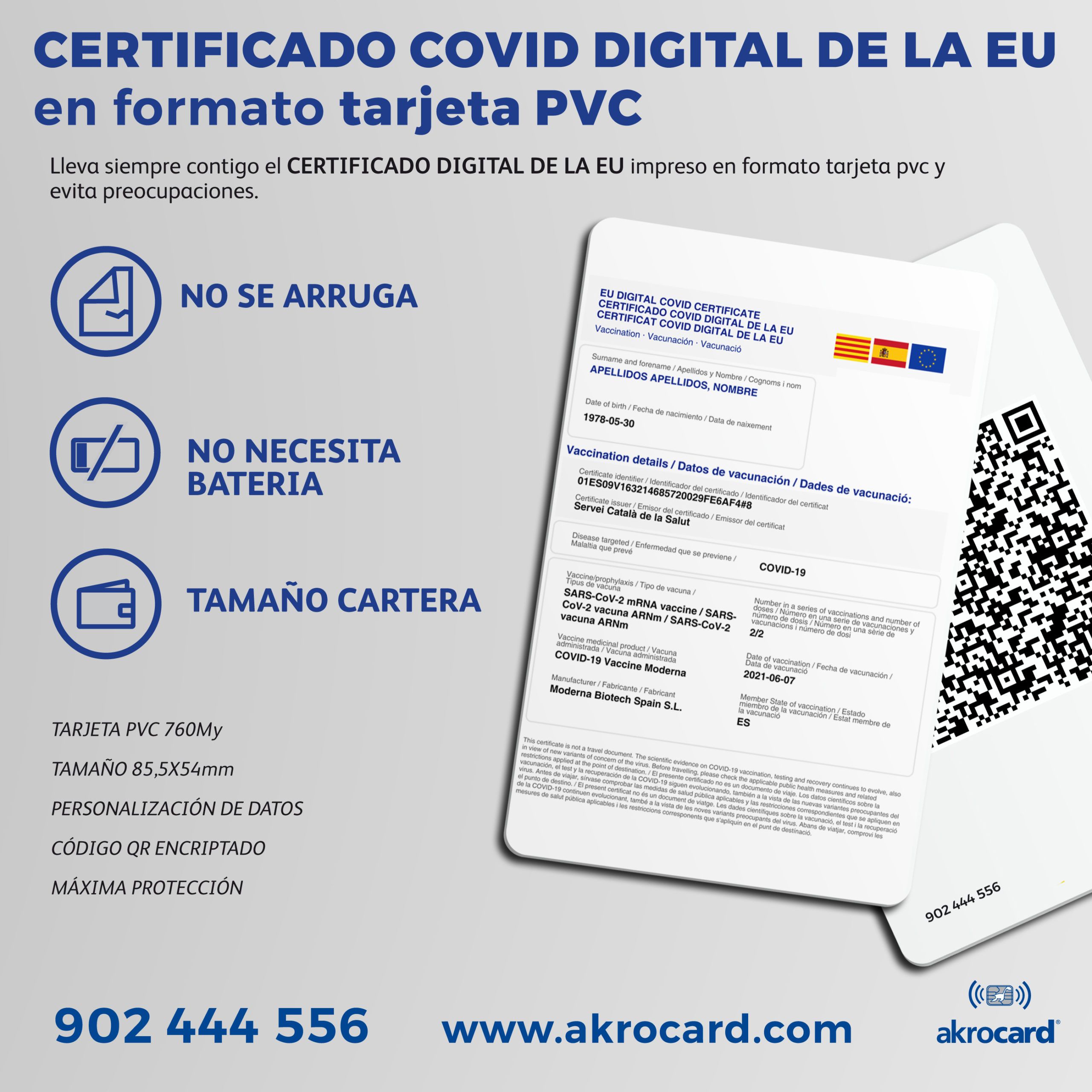 La empresa Akrocard 2000 SL imprime los Certificados Digitales Covid de la UE en formato tarjeta de P.V.C. 