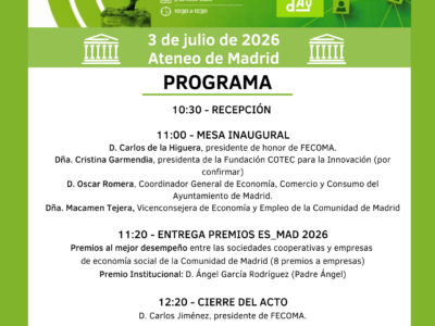El Ateneo de Madrid acogerá la celebración del Día Internacional de las Cooperativas y la entrega de los Premios ES_MAD 2026 de FECOMA